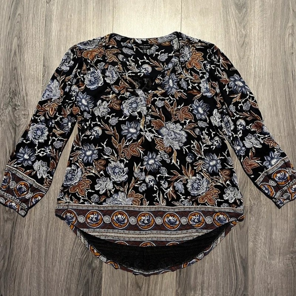 Lucky Brand Blue Black Women's Floral Boho Split Neck Blouse Medium